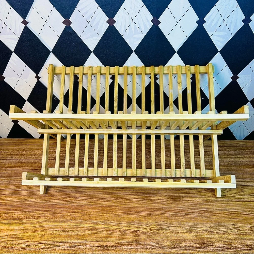 Collapsible Bamboo Plate Rack Folding Slatted Farmhouse‎ Kitchen Storage